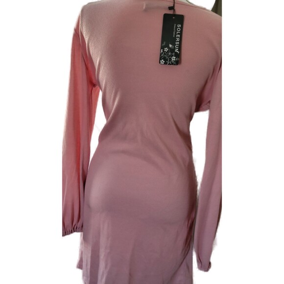 SOLERSUN Dusty Pink Wrap Long Sleeve Bodycon Tie Waist Sweater Pencil Dress Sz L - Picture 3 of 7